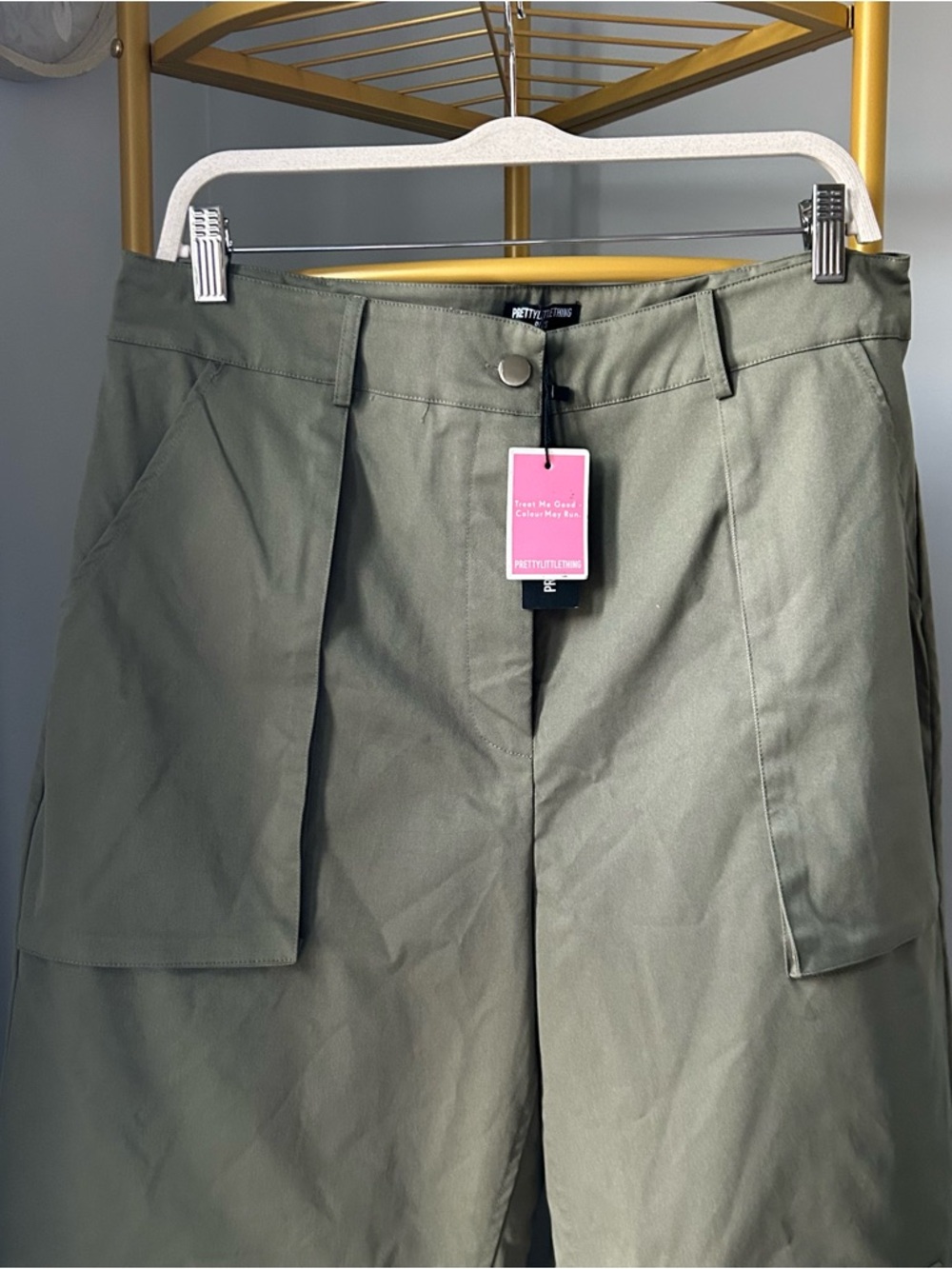 PrettyLittleThing Plus Olive Khaki twill high waist Cargo Trousers size 12 NEW - Picture 7 of 8